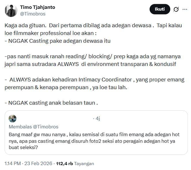 Respons Timo Tjahjanto soal proses casting film beradegan dewasa
