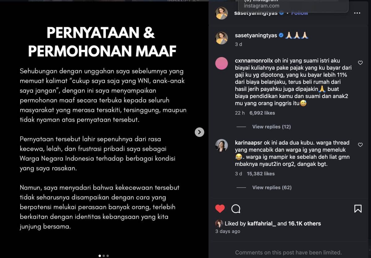 Pernyataan permohonan maaf yang diunggah oleh Tyas di akun instagram @sasetyaningtyas (dok. Instagram/@sasetyaningtyas)