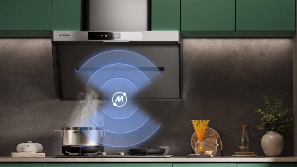 MODENA Chimney Cooker Hood dan Built-in Hob pada Velvet Series saling terkoneksi untuk menyesuaikan daya hisap asap berdasarkan intensitas api
