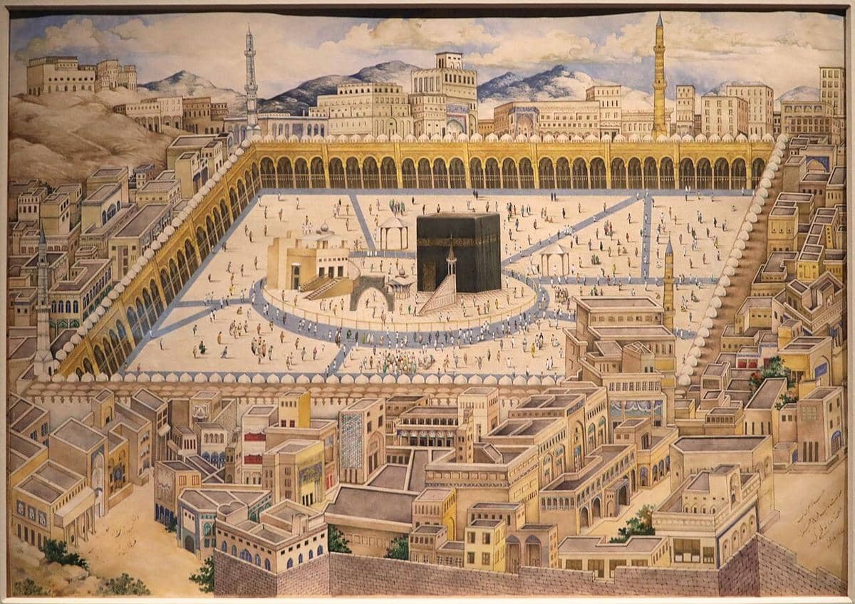 Pemandangan historis Ka'bah dan Masjidil Haram di Makkah. Ini adalah representasi seni abad ke-19 yang menggambarkan bangunan kuno dan jalan-jalan sibuk yang mengelilingi Ka'bah sebelum perluasan modern yang besar.