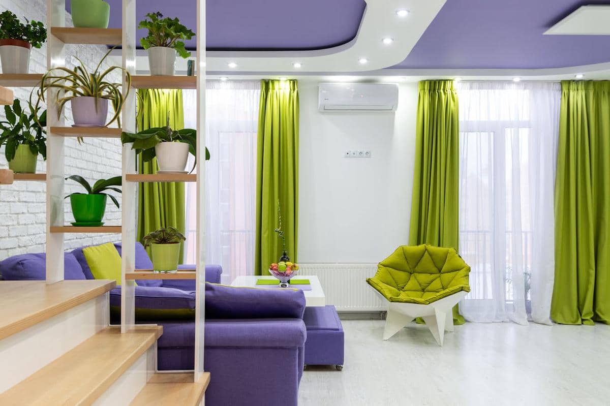 ilustrasi interior rumah warna lilac dan hijau sage