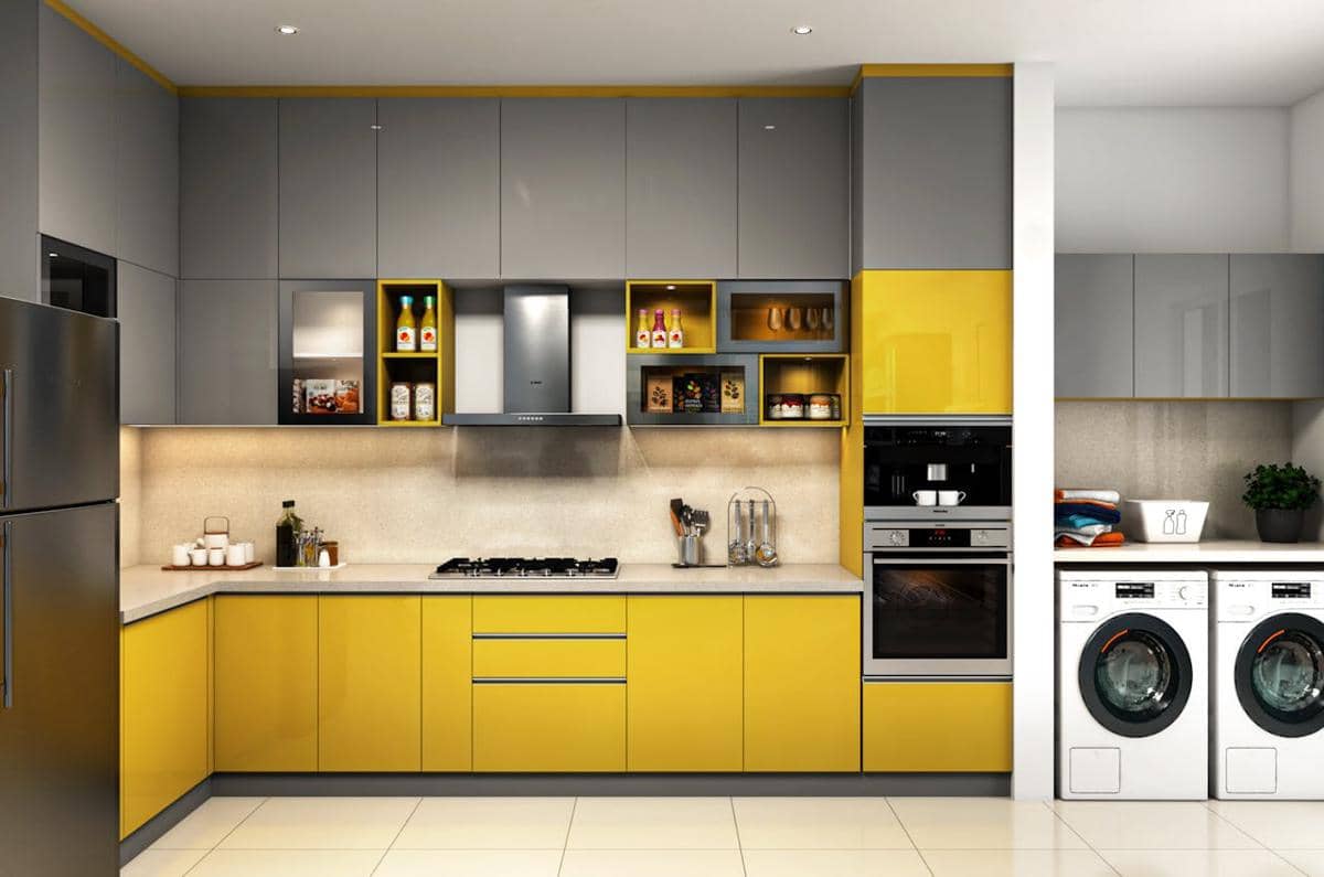 ilustrasi interior dapur warna kuning dan abu-abu