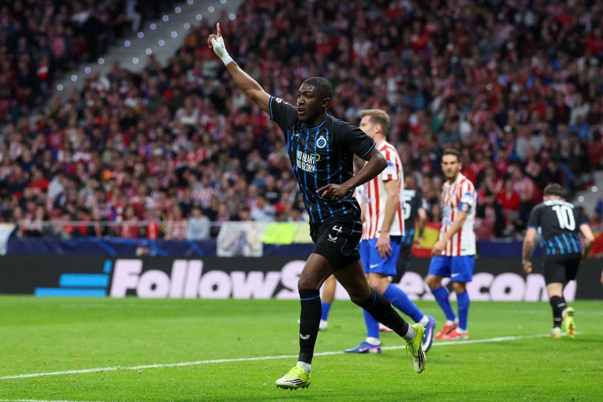 Pemain Club Brugge, Joel Ordonez, usai mencetak gol ke gawang Atletico Madrid (AFP / Pierre-Philippe Marcou)