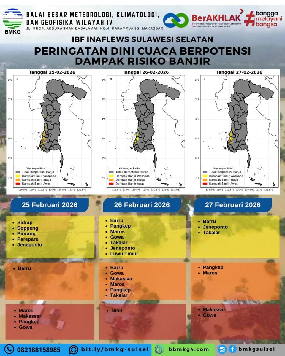 Peringatan dini cuaca berpotensi dampak risiko banji di wilayah Sulawesi Selatan. (Dok. BMKG Sulsel)