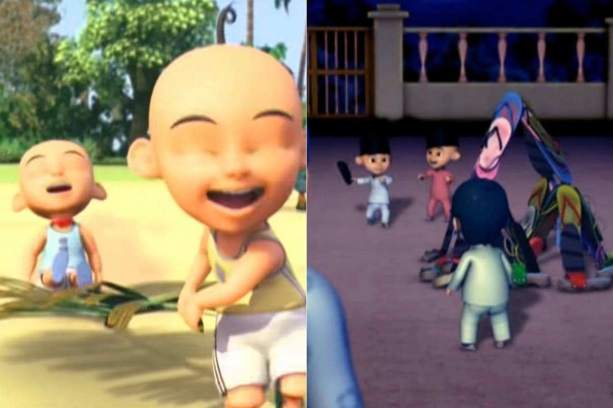 Upin dan Ipin asyik bermain di siang hari dan malam hari saat bulan puasa