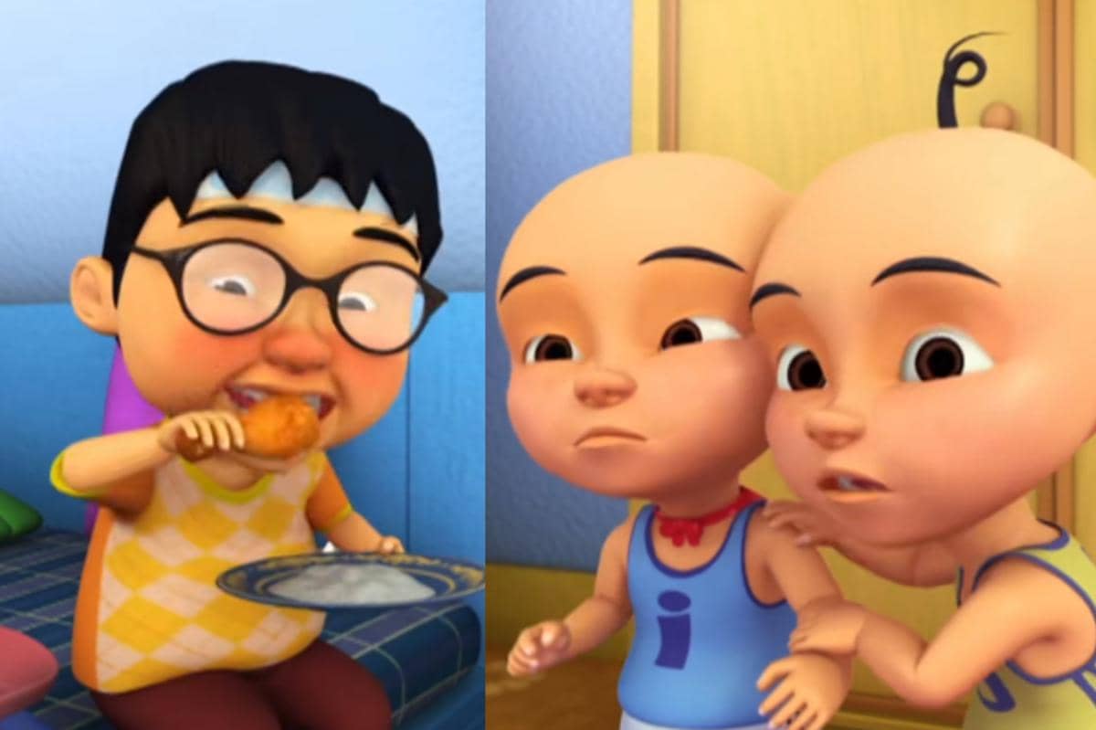 Upin dan Ipin terkejut melihat Ehsan yang bisa makan dengan lahap di depan mereka saat bulan puasa