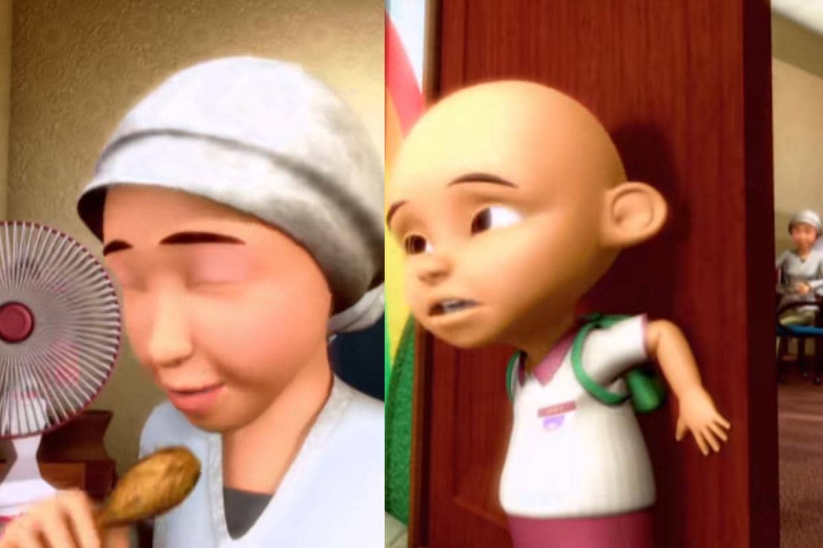 Ipin kaget melihat Cikgu Jasmin makan ayam dengan enak saat siang hari bulan Ramadan