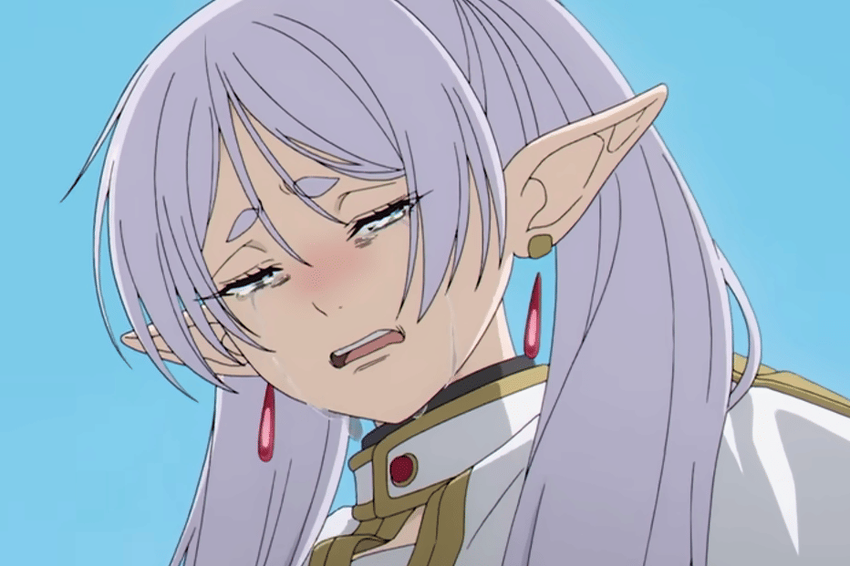 Karakter anime berambut panjang perak dengan telinga runcing menangis dengan ekspresi sedih di bawah langit biru cerah.