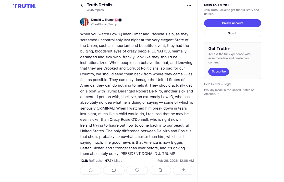 Pernyataan kontroversial Donald Trump tentang Rep. Ilhan Omar dan Rep. Rashida Tlaib di akun medsos miliknya, Truth Social pada Kamis 26 Februari 2026
