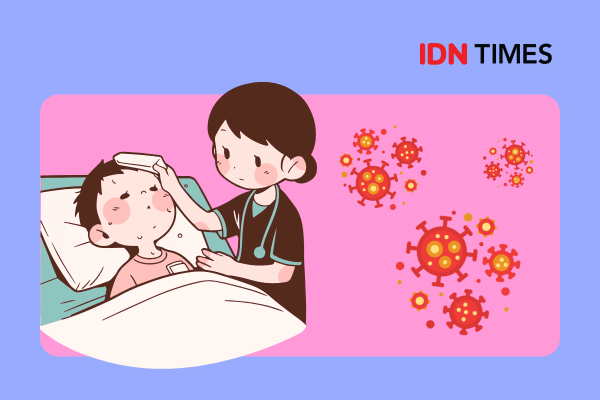 Seorang perawat merawat anak yang sedang sakit campak.