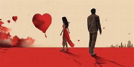 menampilkan pria dan wanita berjalan di jalur merah dengan hati besar di latar, menggambarkan tema cinta, perpisahan, dan self-love.