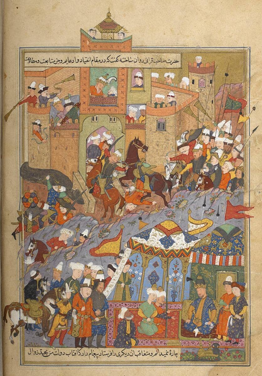 Miniatur Persia yang menggambarkan momen selama Pengepungan Balkh pada tahun 1370, menunjukkan sang penakluk Timur menerima utusan.