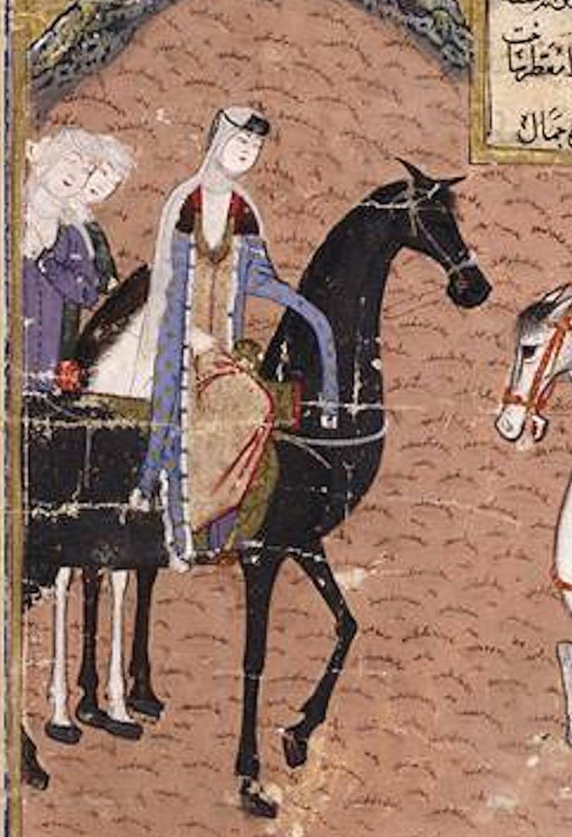 Manuskrip Persia abad ke-15 yang menunjukkan Putri Saray Mulk Khanum, selir senior Timur (Tamerlane), mengunjungi perkemahan Timur pada tahun 1387.