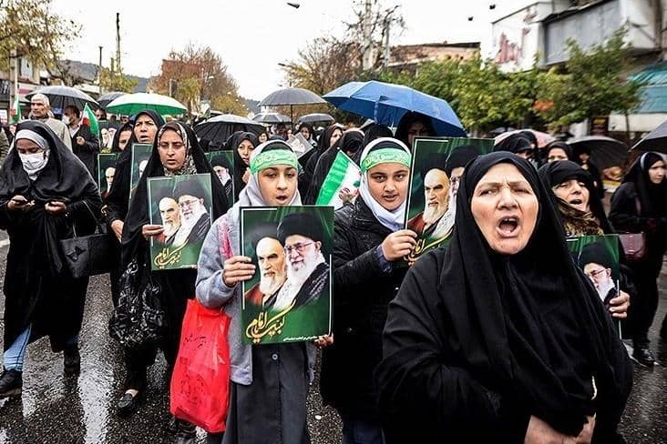 unjuk rasa pendukung Ayatollah Ali Khamenei di Gorgan, Iran pada 2018