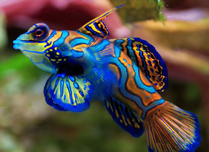 potret ikan mandarin dengan perpaduan warna cerah yang menjadi ciri khasnya