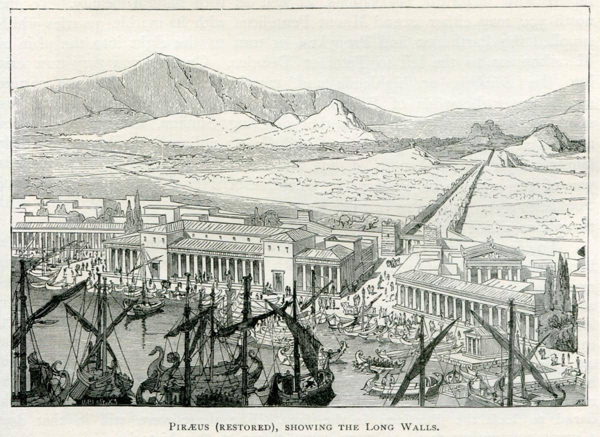 ilustrasi rekonstruksi Piraeus dengan Long Walls yang melindungi jalur vital menuju Athena
