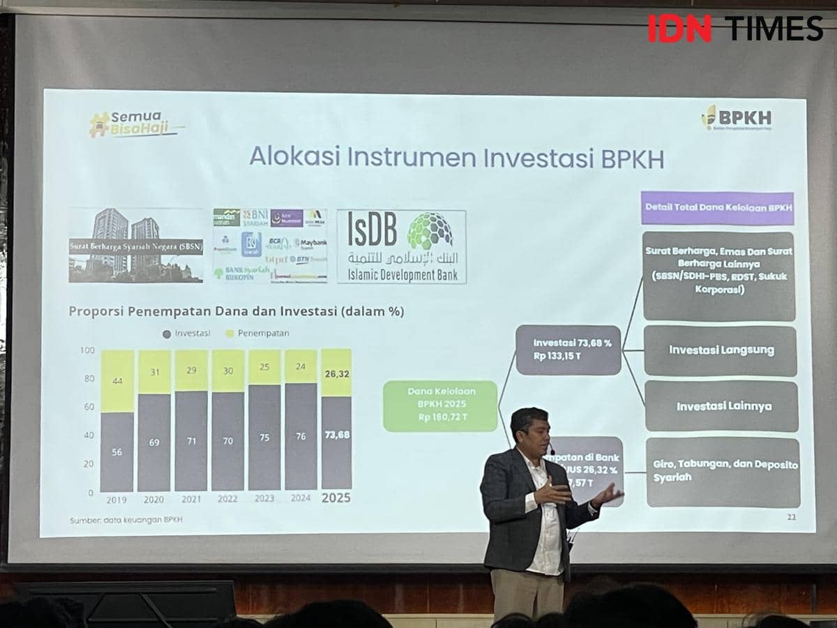 Harry Alexander menunjukkan biaya haji yang harus dikeluarkan (Foto: IDN Times/Halbert Caniago)
