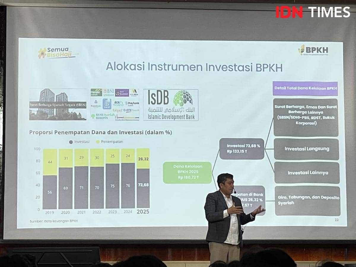 Harry Alexander menunjukkan biaya haji yang harus dikeluarkan (Foto: IDN Times/Halbert Caniago)