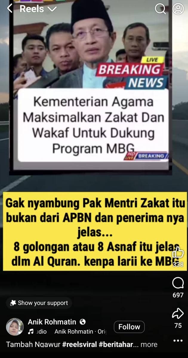 Unggahan di Facebook yang sebut Menag ajak umat berzakat untuk dukung MBG. (Dok. Facebook/Anik Rohmatin).