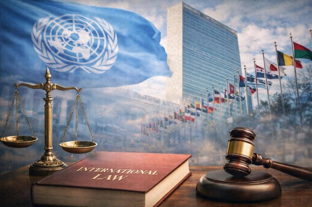 Ilustrasi digital yang menampilkan gedung markas besar PBB, bendera PBB, palu hakim, timbangan keadilan, dan buku bertuliskan "International Law" sebagai simbol hukum internasional.