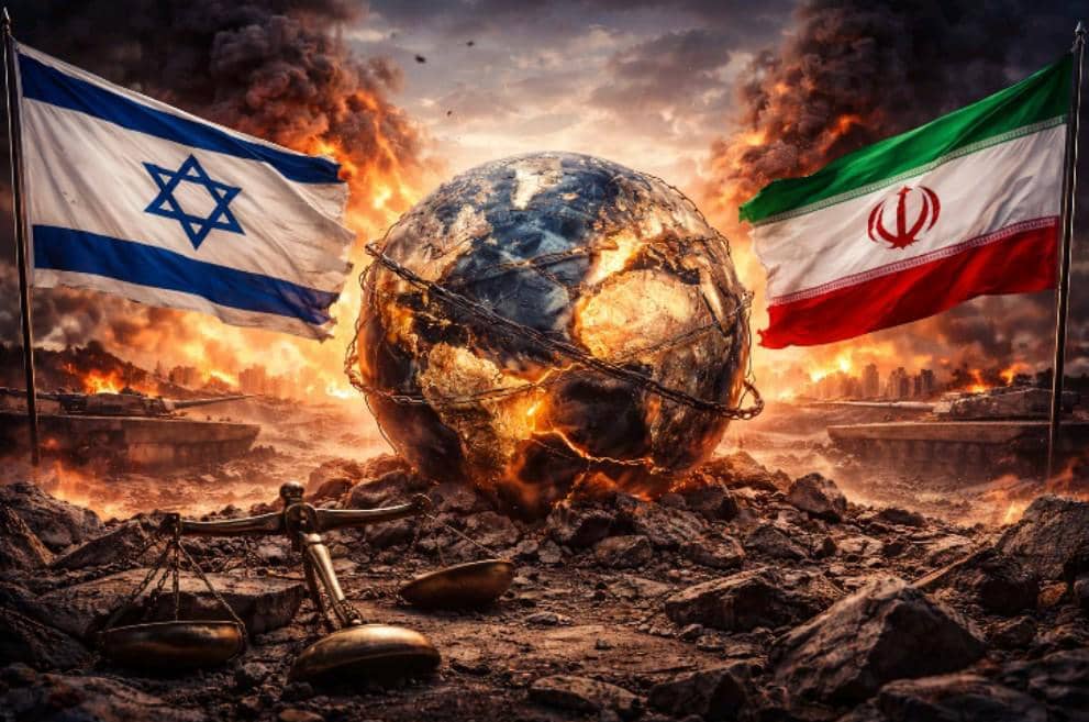 Ilustrasi digital yang menampilkan bendera Israel dan Iran di tengah medan perang, dengan bola dunia yang retak dan terbakar di bagian tengah, serta timbangan keadilan yang terjatuh di latar depan.