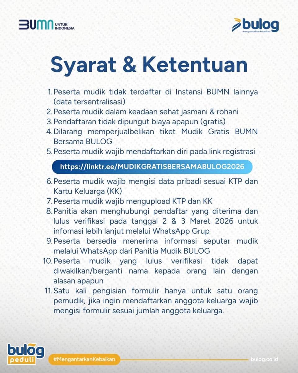 Mudik Gratis Bulog 2026 Resmi Dibuka, Ini Rute dan Cara Daftarnya