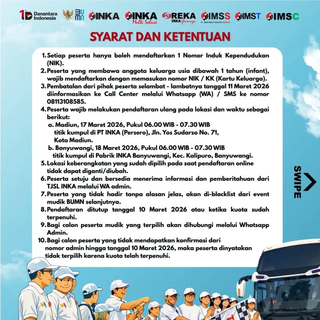 Mudik Gratis PT INKA 2026 Resmi Dibuka, Ini Rute dan Cara Daftarnya