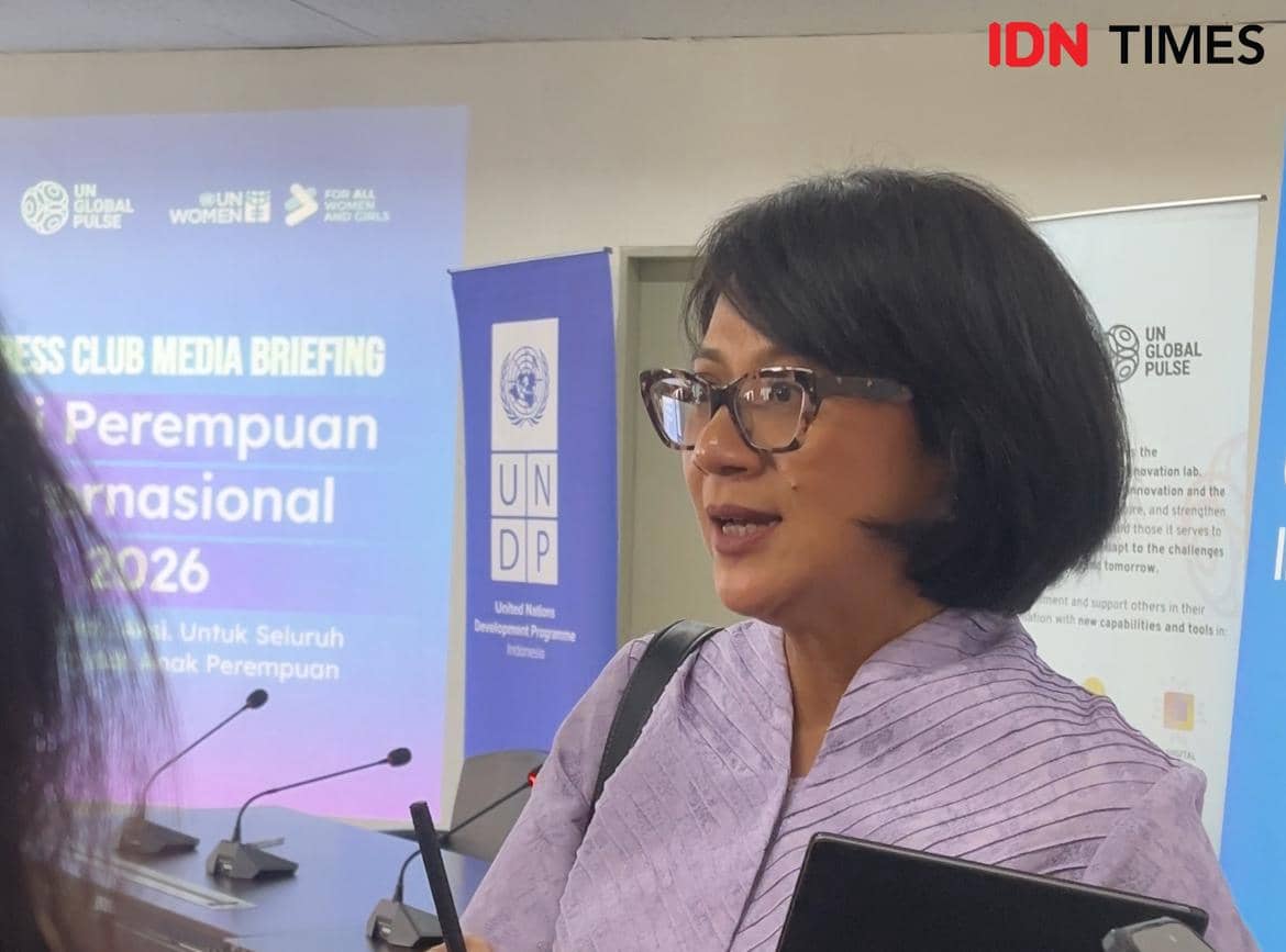 Head of Programmes UN Women Indonesia Dwi Yuliawati dalam acara Peringatan Hari Perempuan Internasional di UN Global Pulse, Jakarta Pusat, Rabu (4/3/2026).
