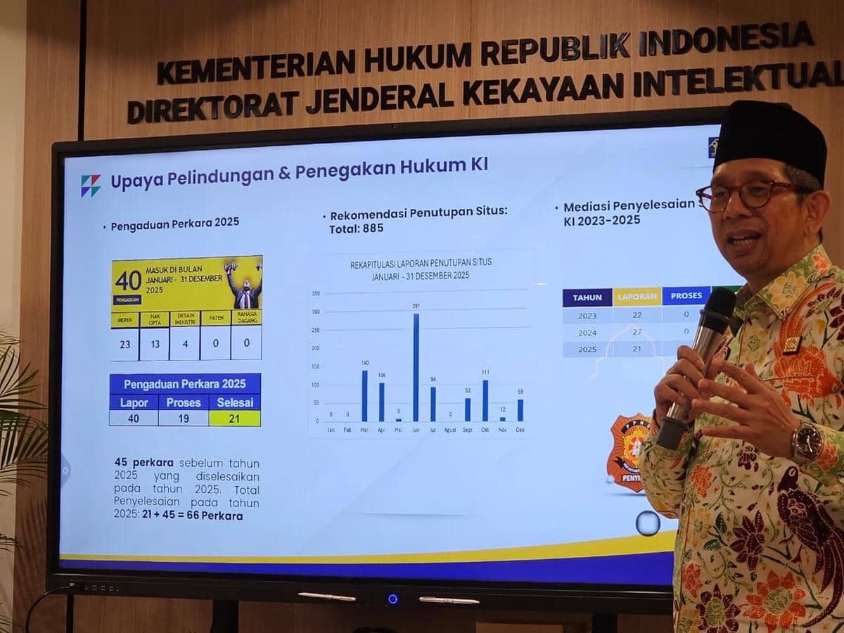 Direktur Jenderal Hak Kekayaan Intelektual Kementerian Hukum, Hermansyah Siregar, saat memberikan paparan di Gedung DJKI, Kemenkum, Jakarta, Kamis (5/3/2026). 