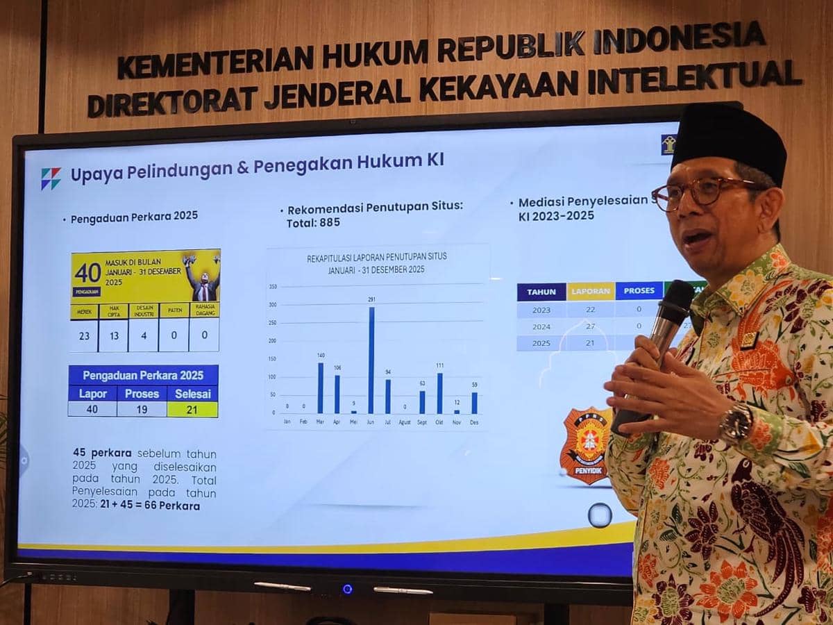 Direktur Jenderal Hak Kekayaan Intelektual Kementerian Hukum, Hermansyah Siregar, saat memberikan paparan di Gedung DJKI, Kemenkum, Jakarta, Kamis (5/3/2026). 