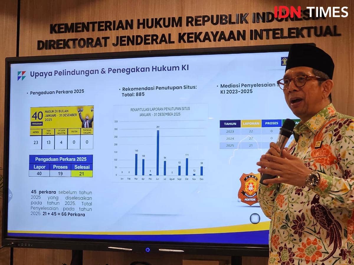 Direktur Jenderal Hak Kekayaan Intelektual Kementerian Hukum, Hermansyah Siregar, saat memberikan paparan di Gedung DJKI, Kemenkum, Jakarta, Kamis (5/3/2026). 