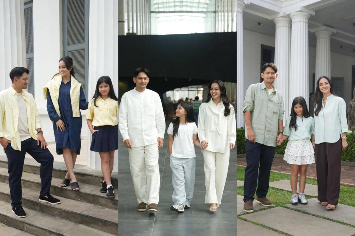Kolase potret keluarga Ibnu Jamil dan Ririn Ekawati kenakan koleksi Hari Raya dari UNIQLO