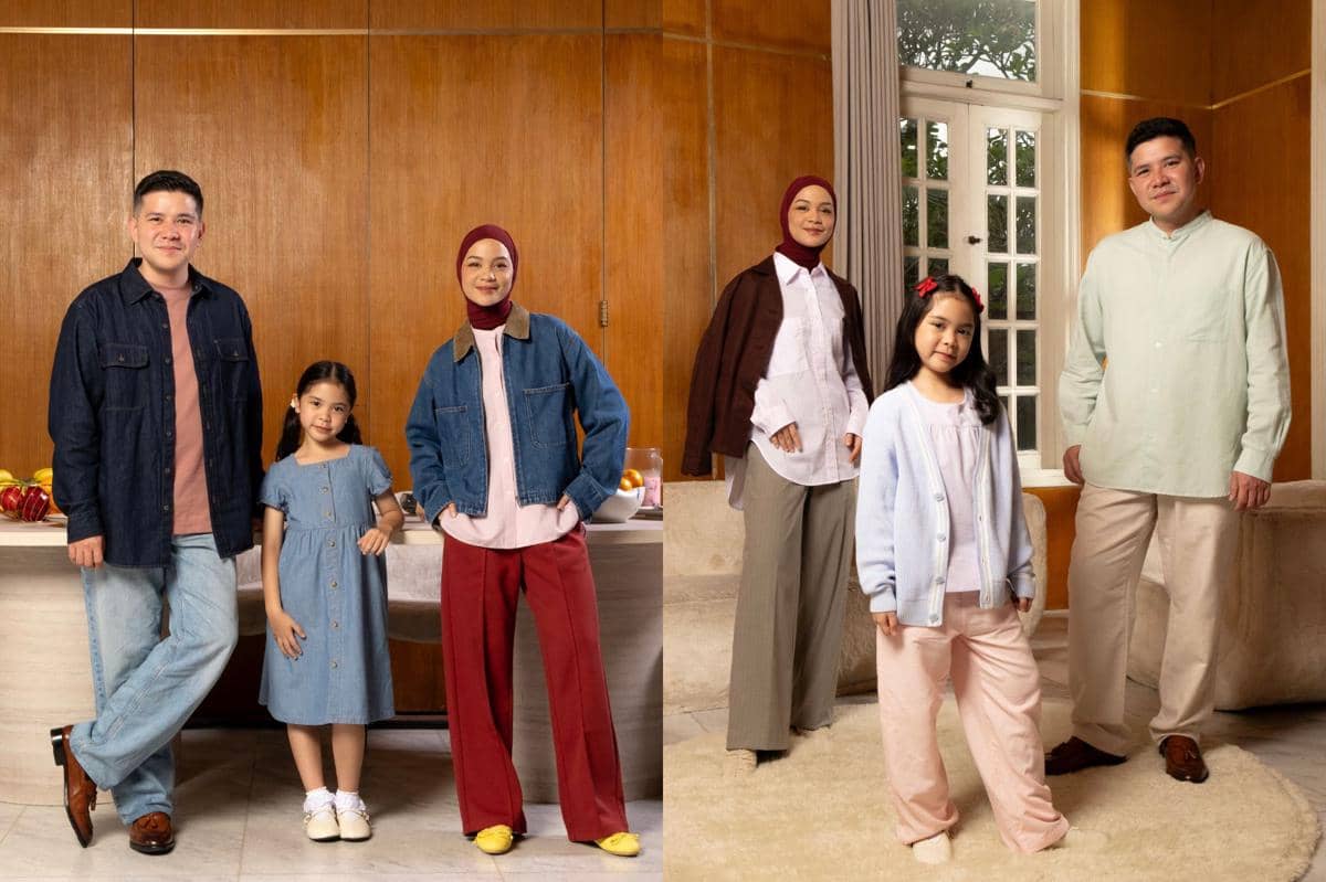 Kolase potret keluarga Tantri Namirah dan Haykal Kamil kenakan koleksi Hari Raya dari Uniqlo