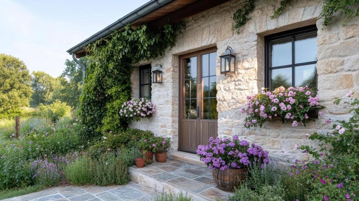 ilustrasi tanaman mawar di depan teras rumah