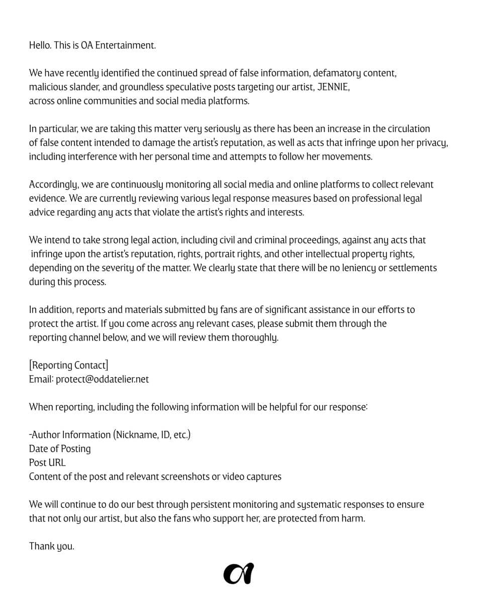 pengumuman agensi, akan tindak hukum orang yang hujat Jennie.