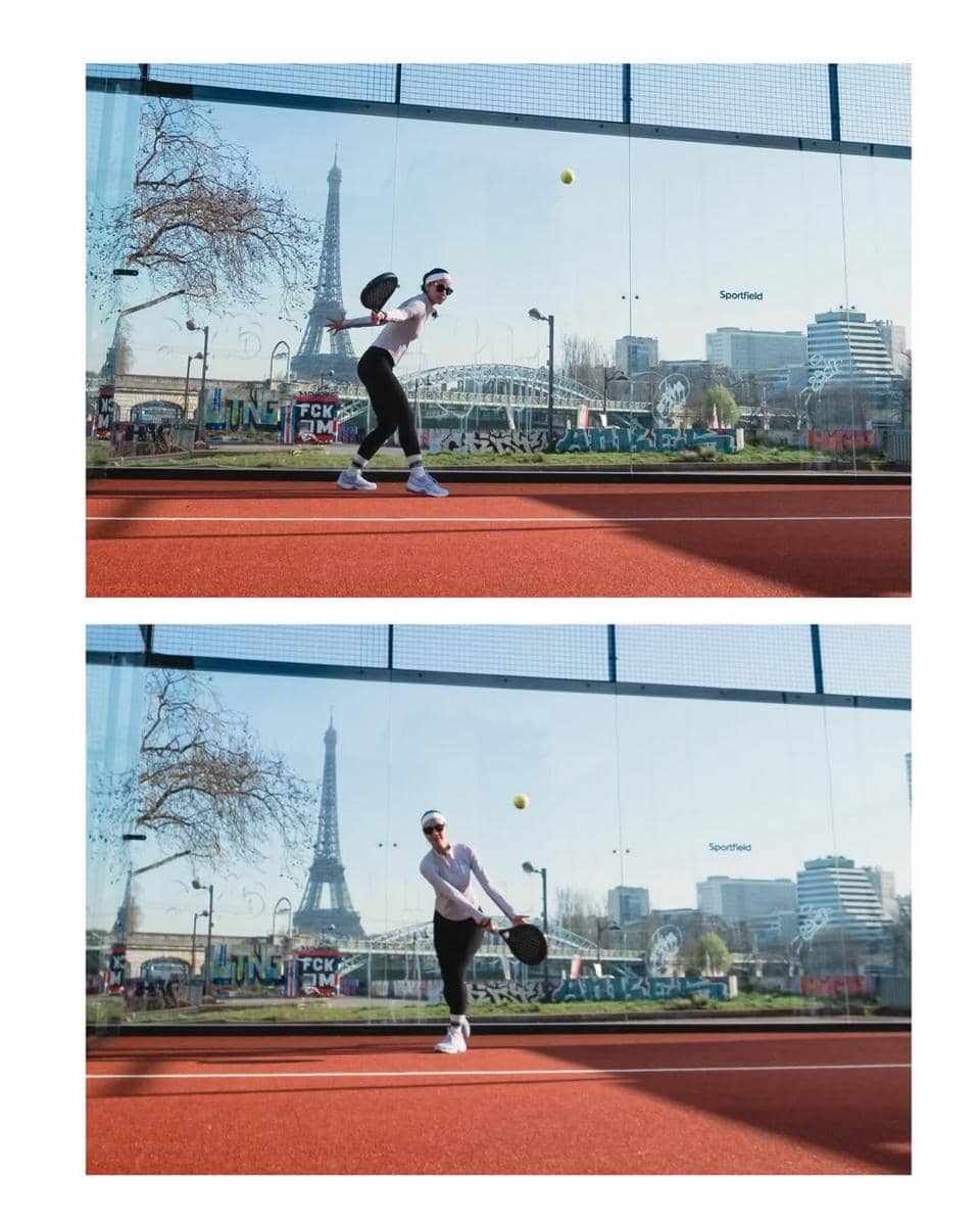 Gading Marten main padel dengan latar belakang Menara Eiffel