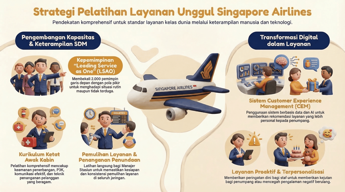 Infografik: Strategi Pelatihan Layanan Unggul Singapore Airlines. (IDN Times/Dhana Kencana)