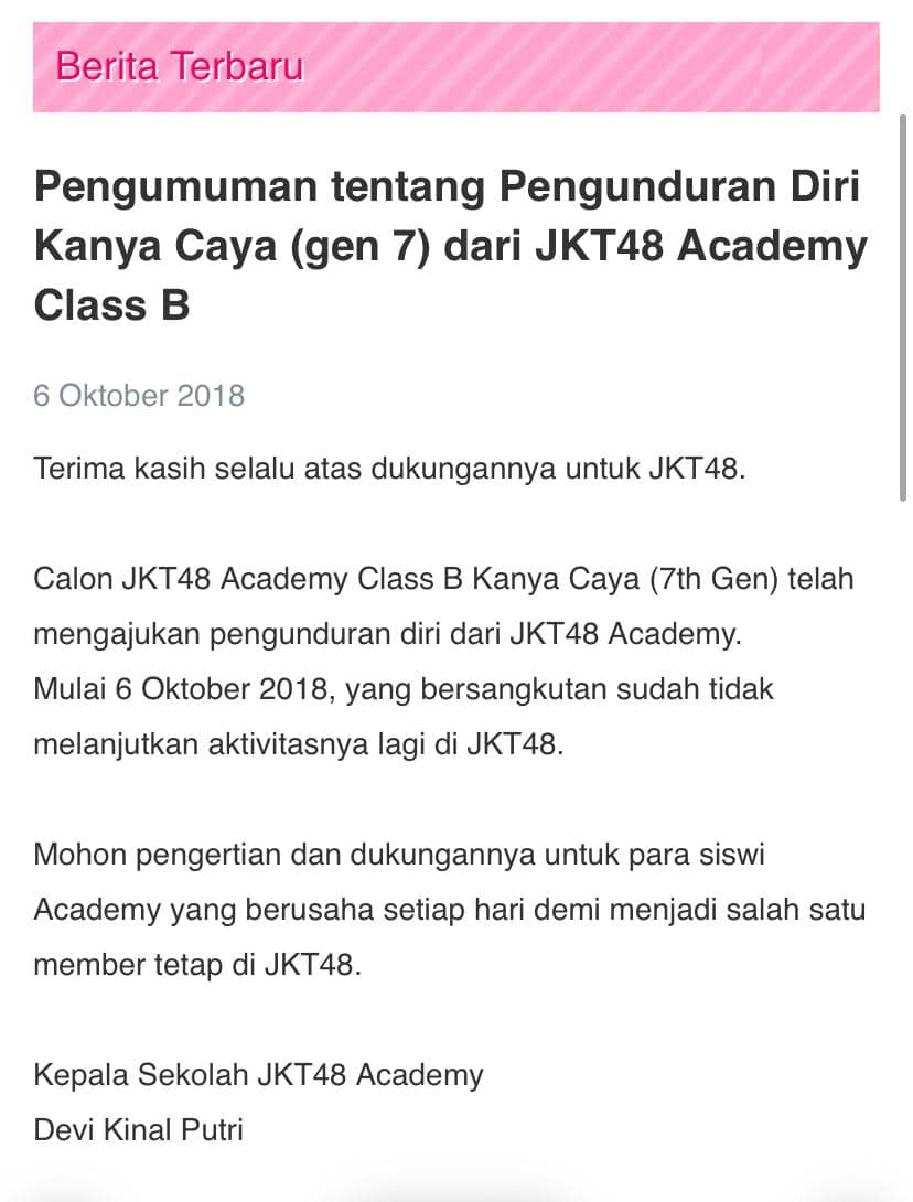 pengumuman pengunduran diri Kanya Caya