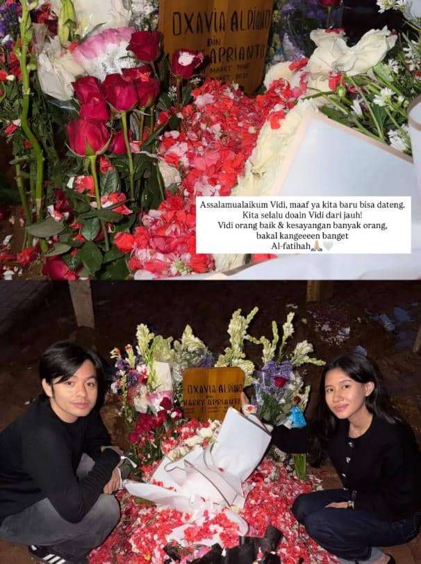Ziarah berdua, Angga Yunanda dan Shenina Cinnamon minta maaf karena tak bisa hadir di pemakaman Vidi Aldiano
