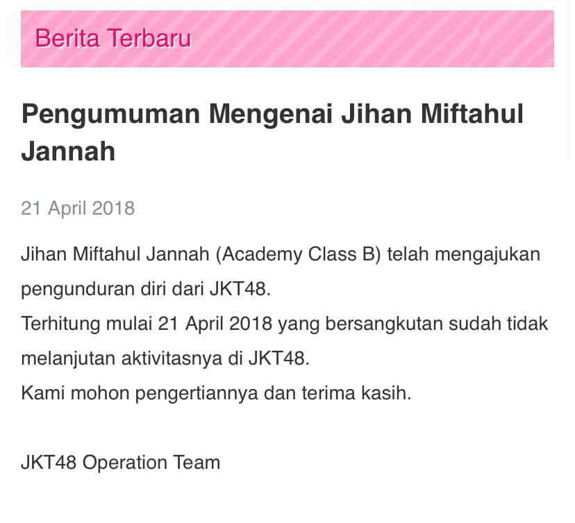 pengumuman pengunduran diri Jihan Miftahul Jannah