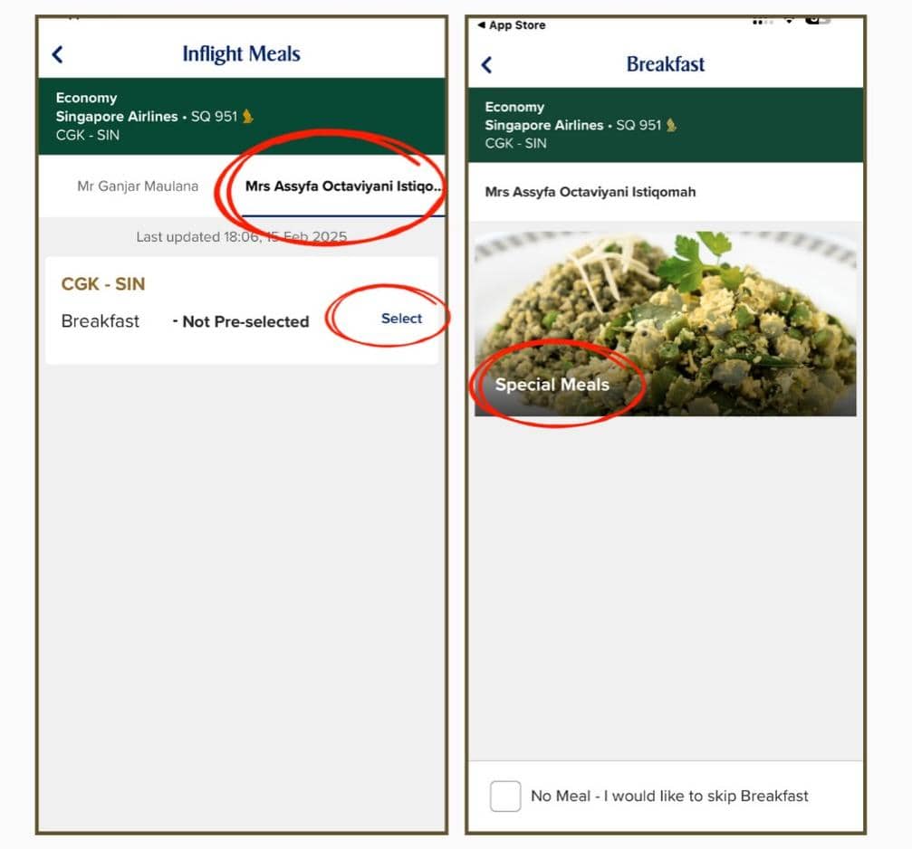 Tangkapan layar prapemesanan makanan halal di aplikasi SingaporeAir App. (Instagram.com/syfaganjarstory)
