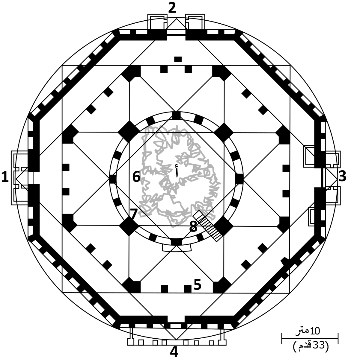 Denah Dome of the Rock. Bagian Tengah (أ): Menunjukkan Batu Sakhrah, yaitu batu besar yang berada tepat di bawah kubah utama. Lingkaran Tengah (6 & 7): Barisan tiang melingkar yang menopang struktur kubah utama. Segi Delapan Dalam: Lorong melingkar yang memungkinkan peziarah berjalan mengelilingi ba