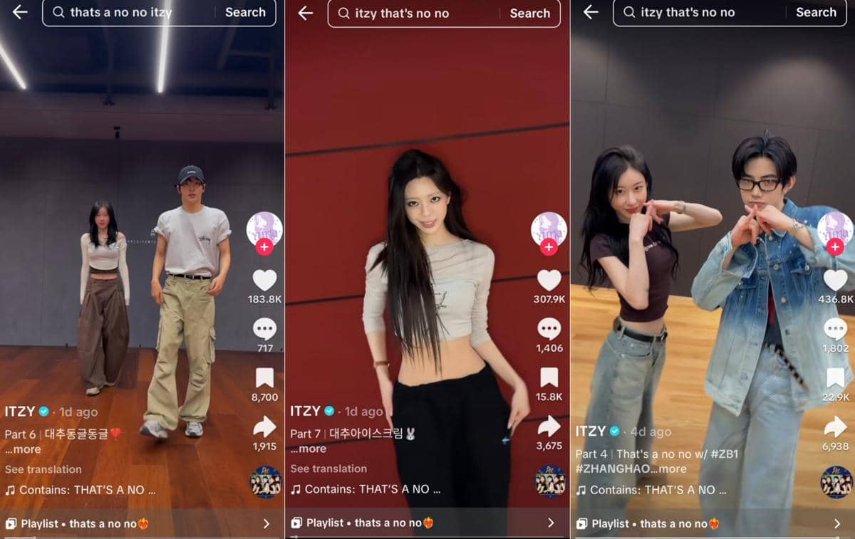 video dance challenge member ITZY dengan anggota boy group di platform TikTok untuk lagu "THAT'S A NO NO"