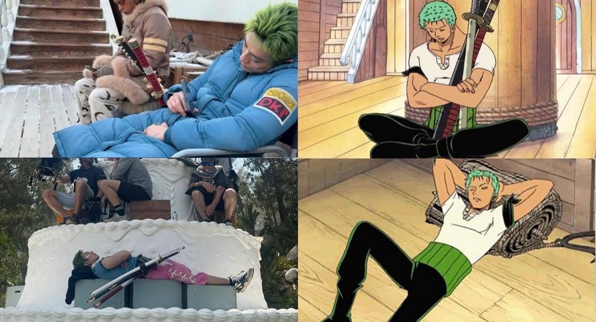 Kolase foto persamaan Mackenyu dengan Zoro. Mackenyu ertidur di lokasi syuting dengan posisi yang sangat mirip dengan cuplikan anime, menunjukkan kemiripan gestur tubuh antara aktor dan karakter aslinya