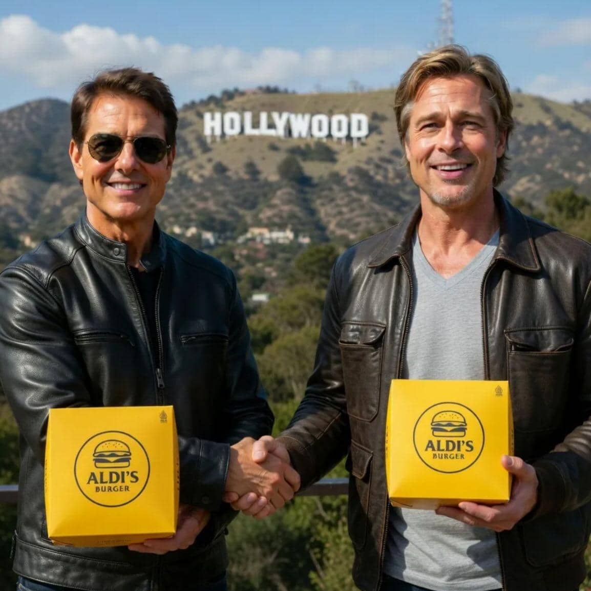 meme Brad Pitt dan Tom Cruise pegang kotak Aldi's Burger