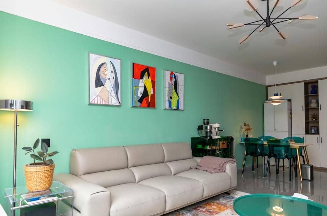 ilustrasi ruang tamu hijau mint