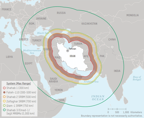 Peta jangkauan rudal balistik Iran. 