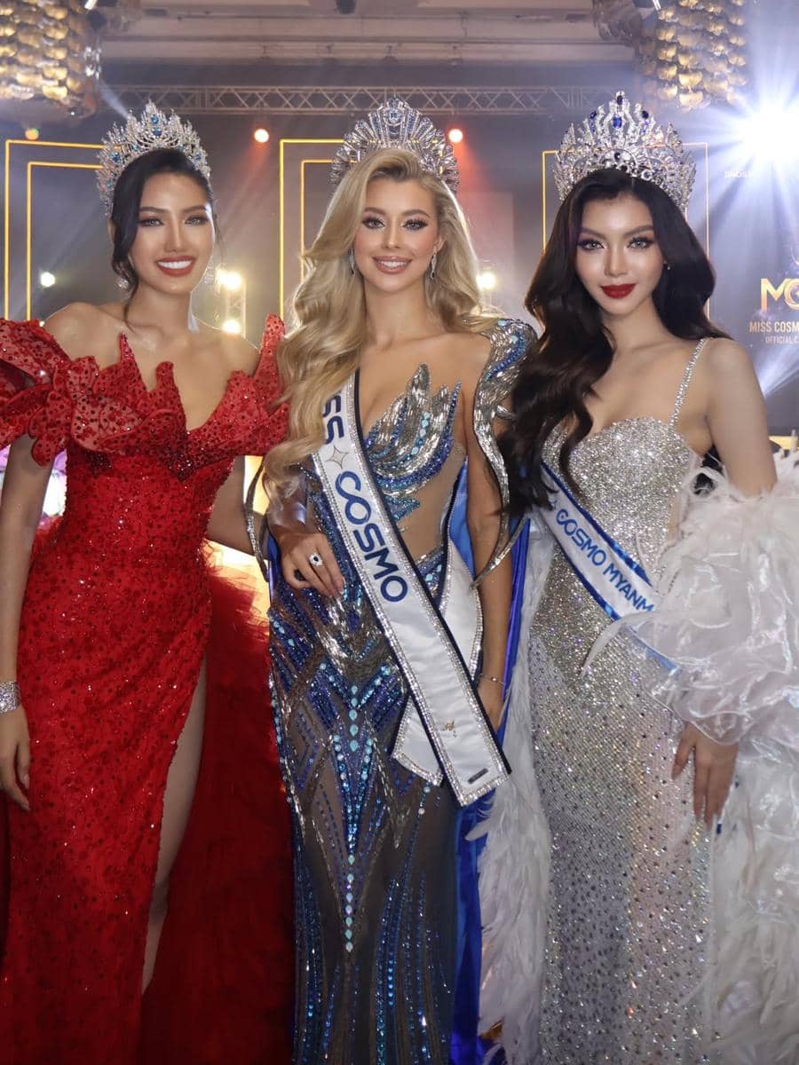 potret Yolina Lindquist, Miss Cosmo 2025 (tengah) mengunjungi Myanmar