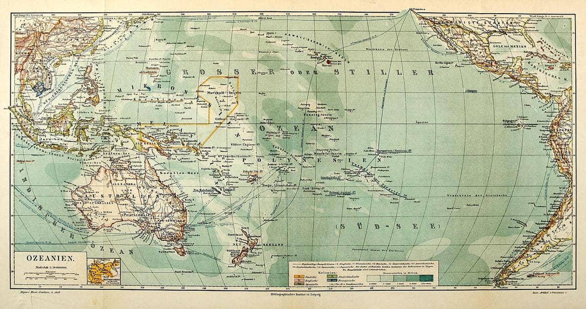 Rute Trans-Pasifik (Meyers Konversations-Lexikon, 4. Auflage, Bd. 12, Neuer Abdruck, 1890/Public domain, via Wikimedia Commons)