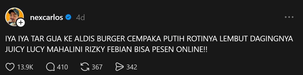 Reaksi Nex Carlos ditagih fans buat review Aldi's Burger